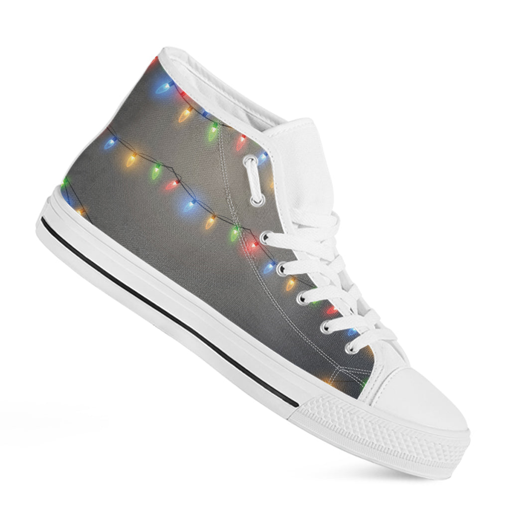 Colorful Christmas String Lights Print White High Top Shoes