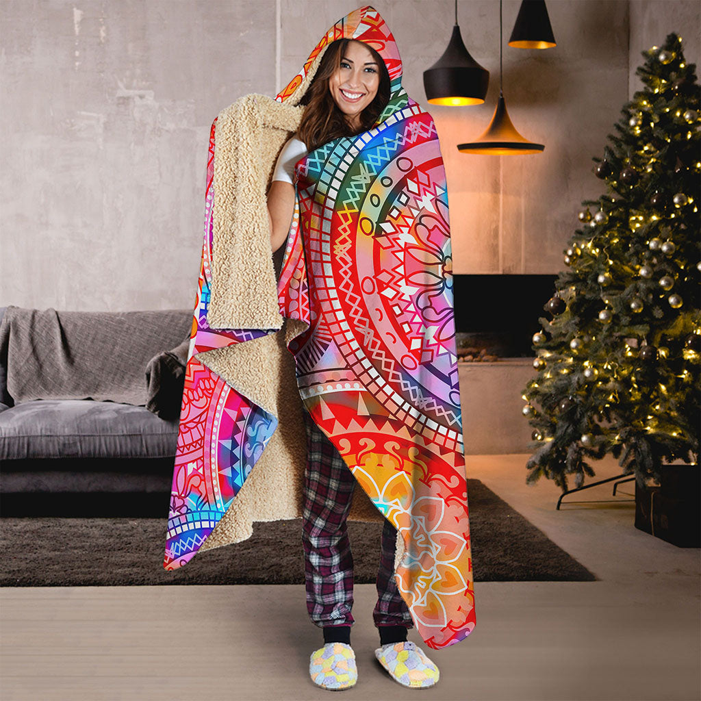 Colorful Circle Mandala Print Hooded Blanket