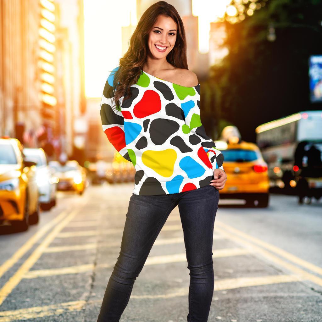 Colorful Cow Print Off Shoulder Sweatshirt GearFrost