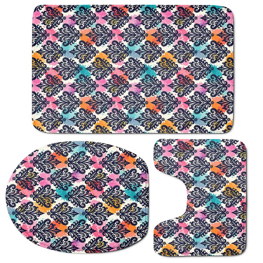 Colorful Damask Pattern Print 3 Piece Bath Mat Set