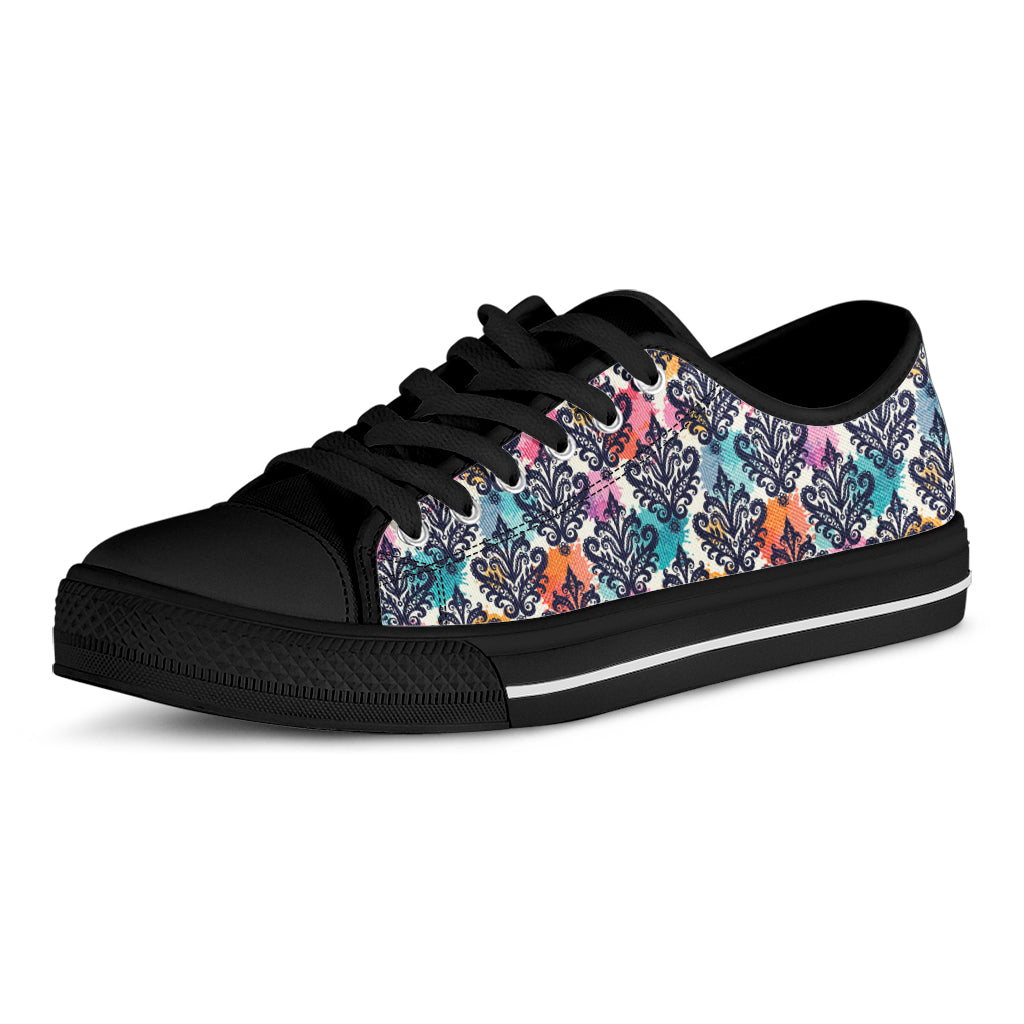 Colorful Damask Pattern Print Black Low Top Shoes