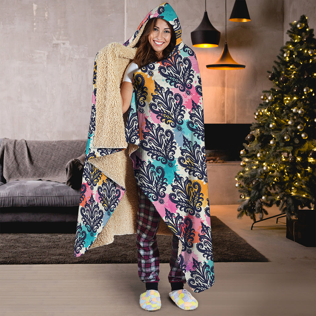 Colorful Damask Pattern Print Hooded Blanket