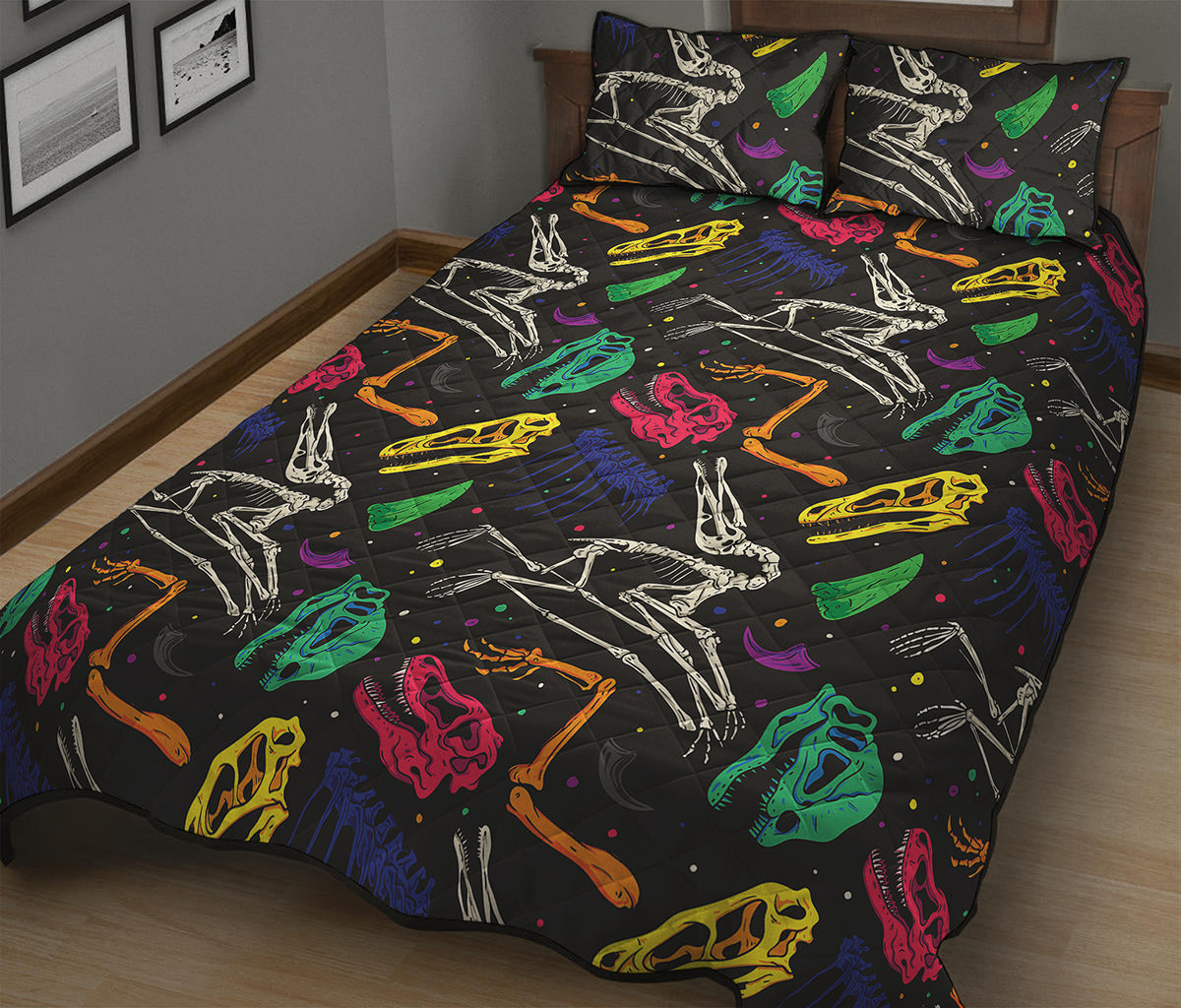 Colorful Dinosaur Fossil Pattern Print Quilt Bed Set
