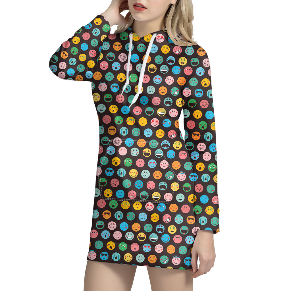 Colorful Emoji Faces Pattern Print Hoodie Dress