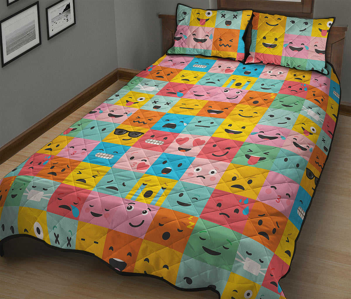 Colorful Emoji Pattern Print Quilt Bed Set