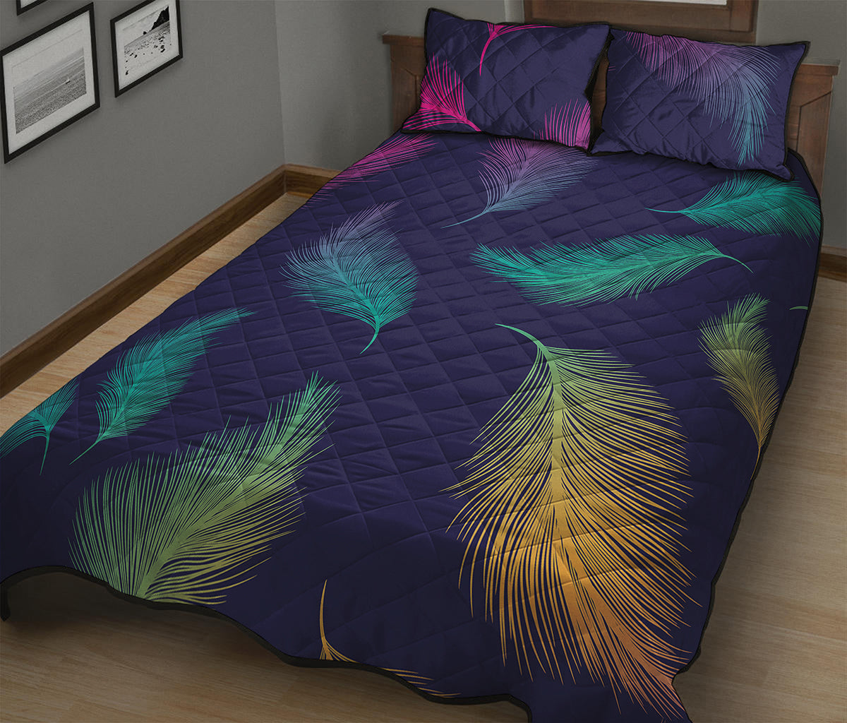 Colorful Feather Pattern Print Quilt Bed Set