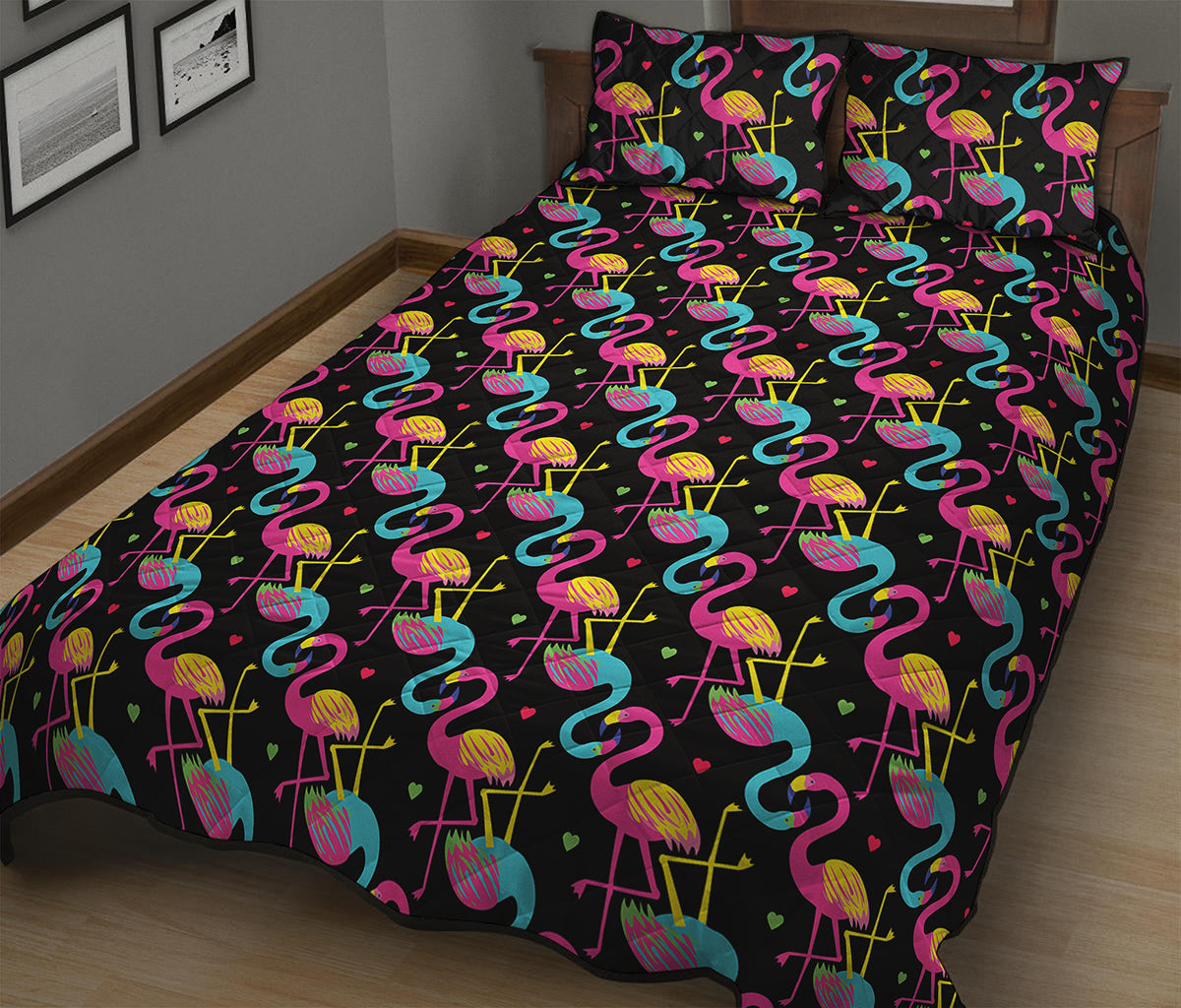 Colorful Flamingo Pattern Print Quilt Bed Set