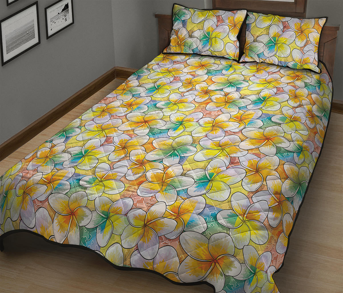 Colorful Frangipani Pattern Print Quilt Bed Set