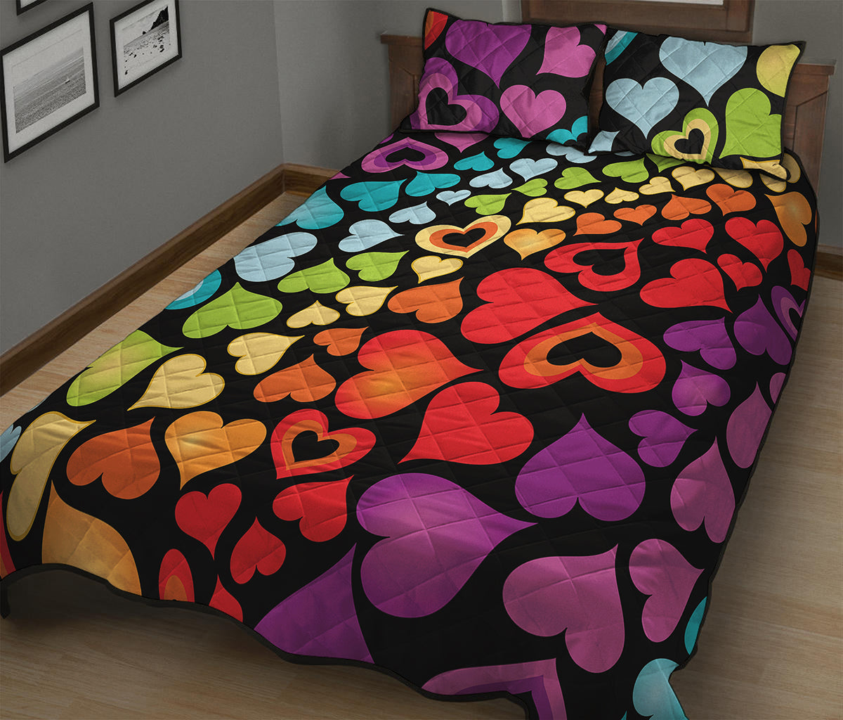 Colorful Heart Wave Pattern Print Quilt Bed Set