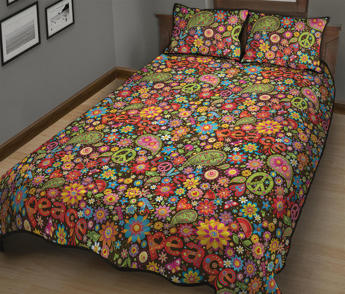 Colorful Hippie Peace Symbols Print Quilt Bed Set