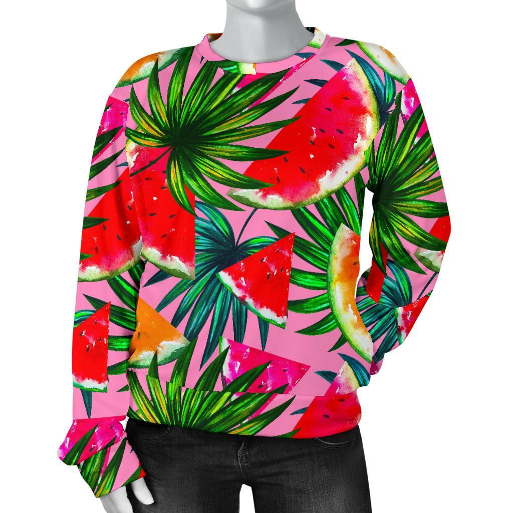 Colorful Leaf Watermelon Pattern Print Women's Crewneck Sweatshirt GearFrost