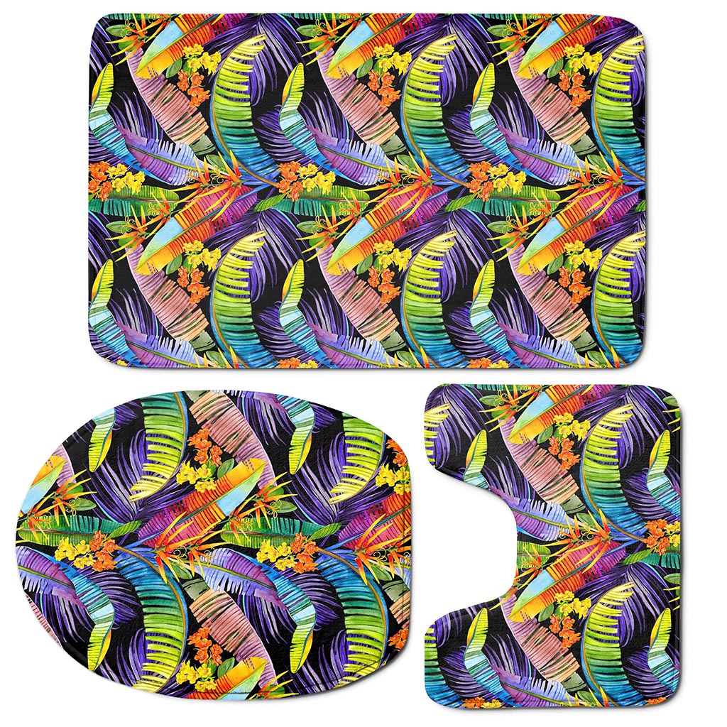 Colorful Leaves Tropical Pattern Print 3 Piece Bath Mat Set