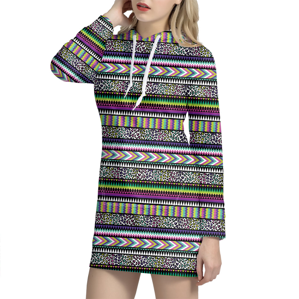 Colorful Leopard Navajo Tribal Print Hoodie Dress