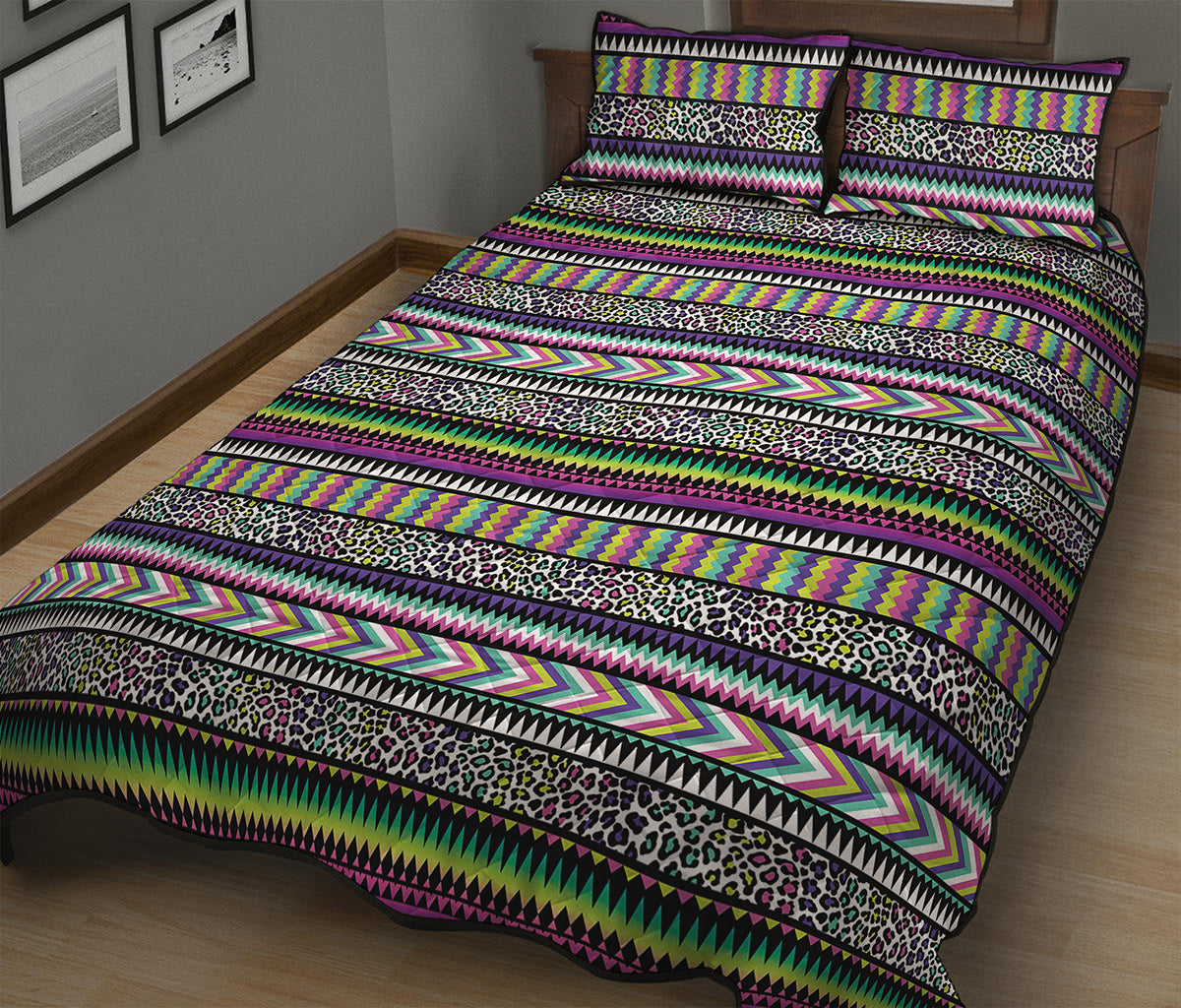 Colorful Leopard Navajo Tribal Print Quilt Bed Set