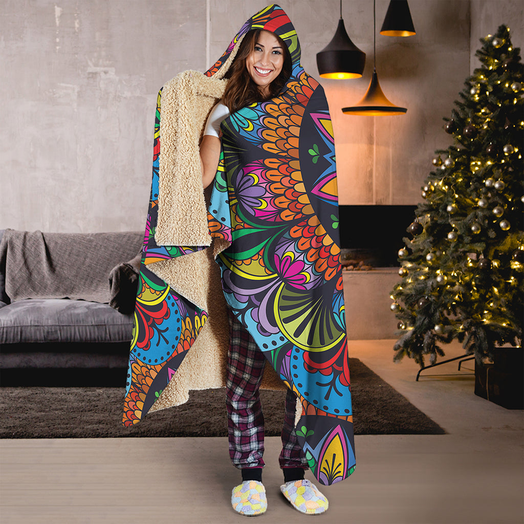 Colorful Mandala Print Hooded Blanket