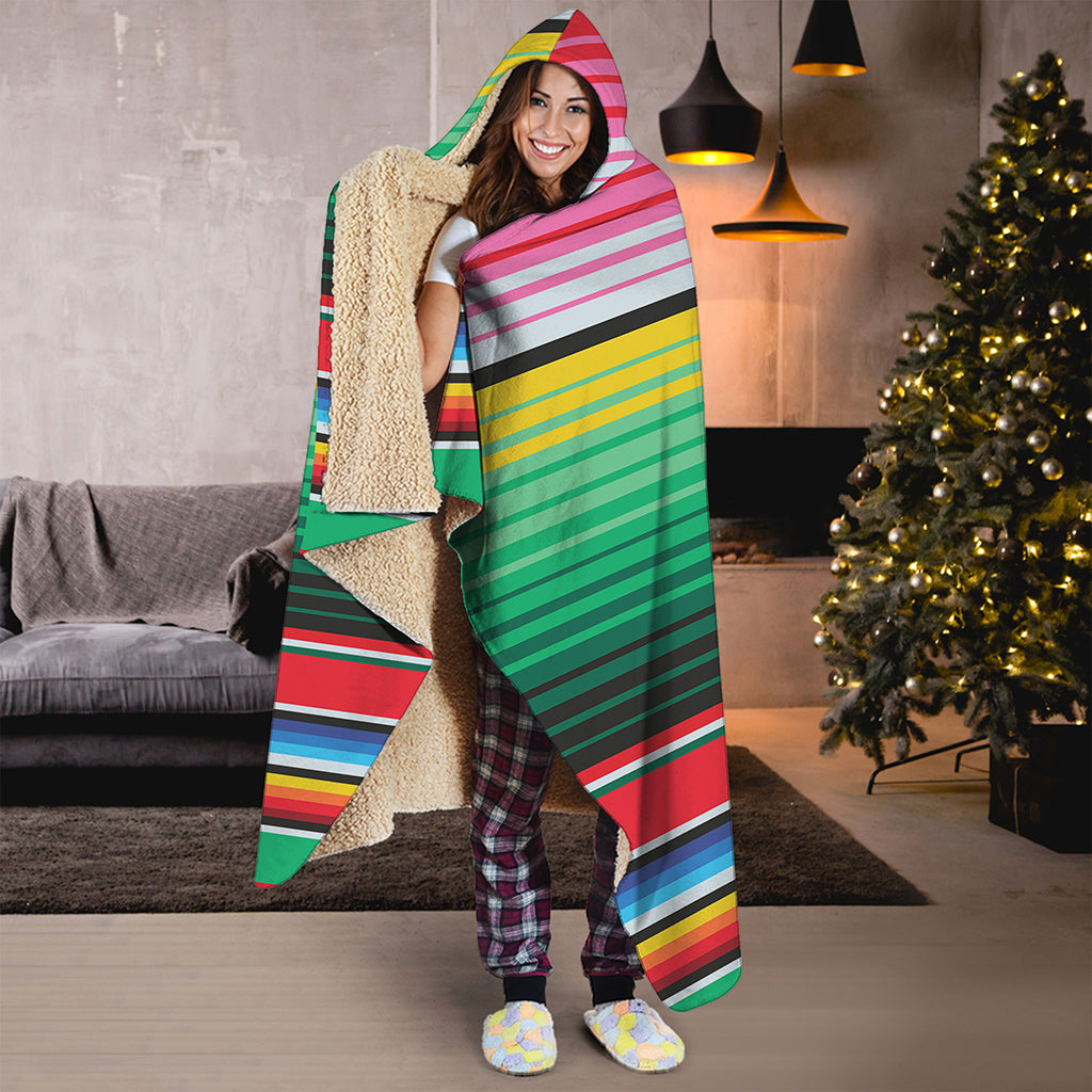 Colorful Mexican Serape Stripe Print Hooded Blanket