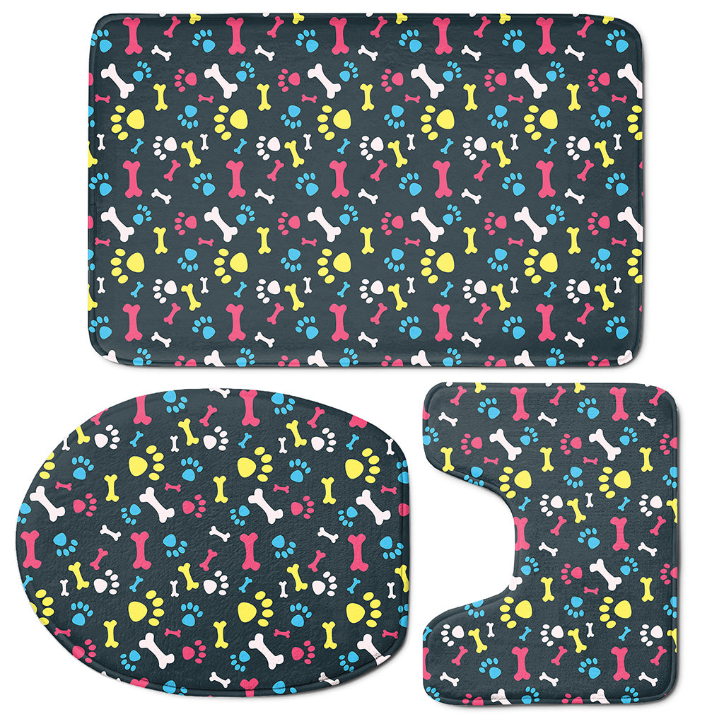 Colorful Paw And Bone Pattern Print 3 Piece Bath Mat Set