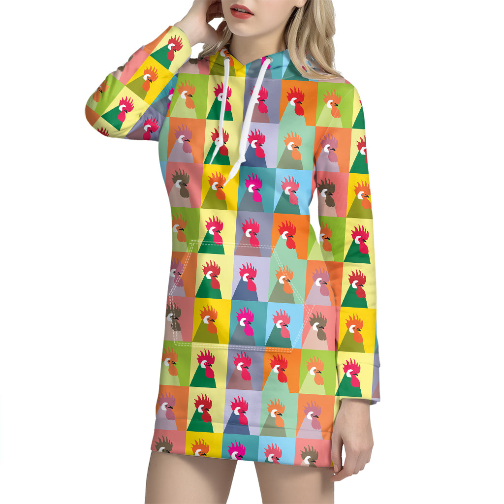 Colorful Rooster Pattern Print Hoodie Dress