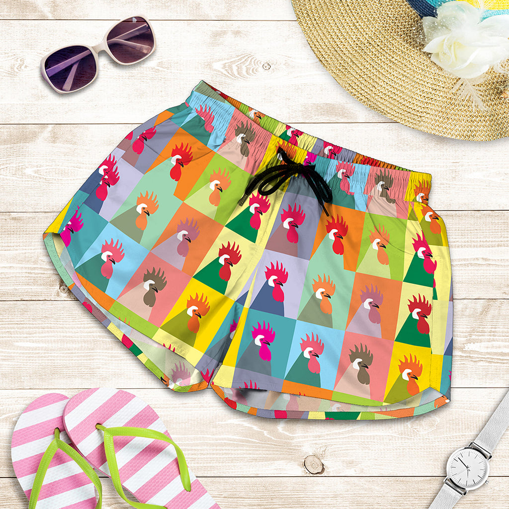 Colorful Rooster Pattern Print Women's Shorts