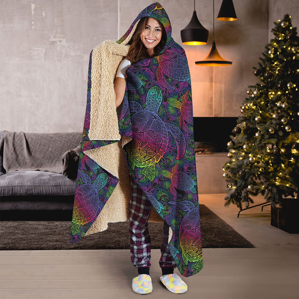 Colorful Sea Turtle Pattern Print Hooded Blanket