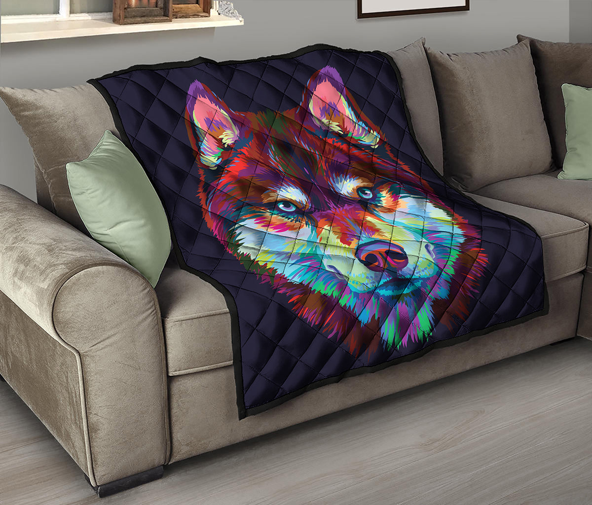 Colorful Siberian Husky Print Quilt