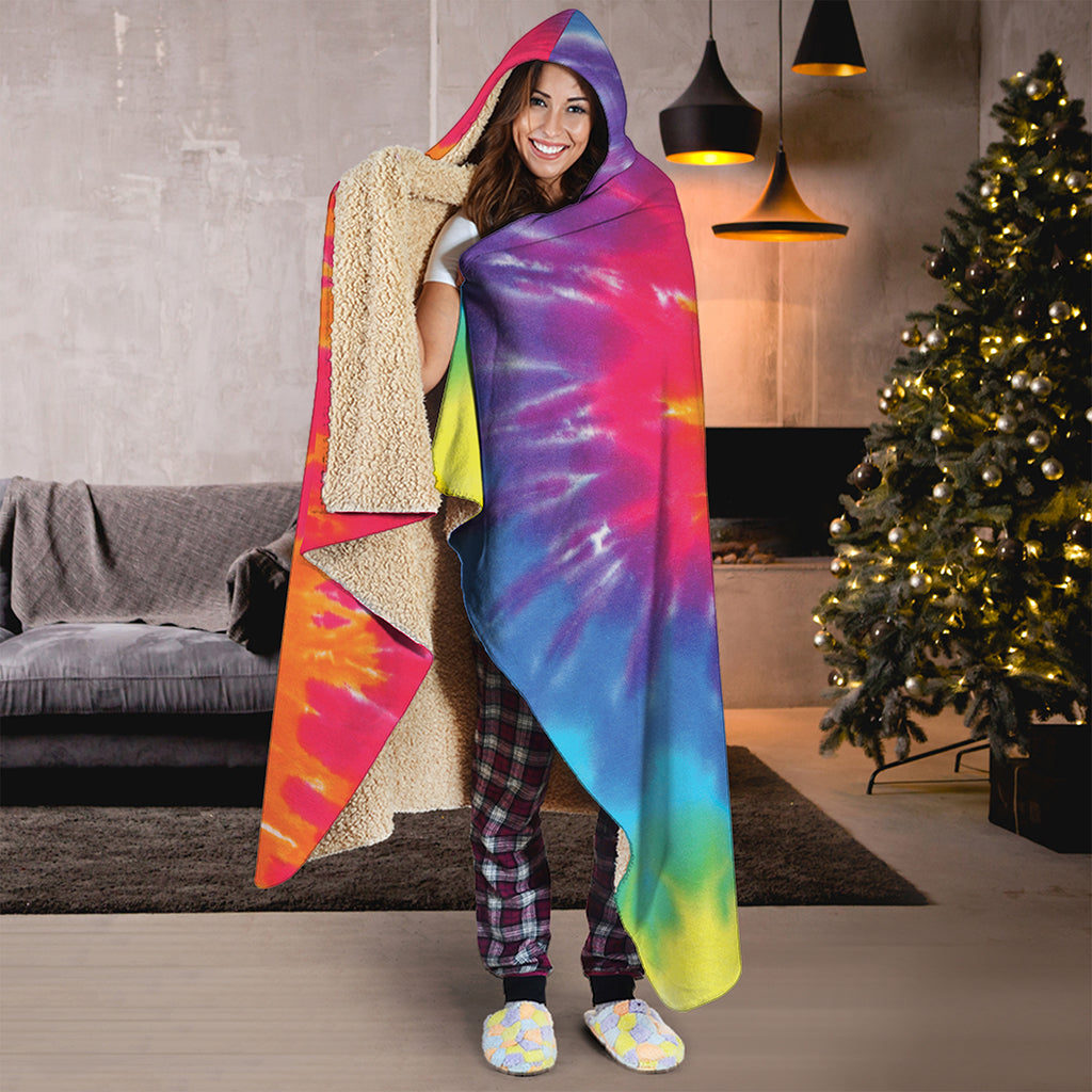 Colorful Spiral Tie Dye Print Hooded Blanket