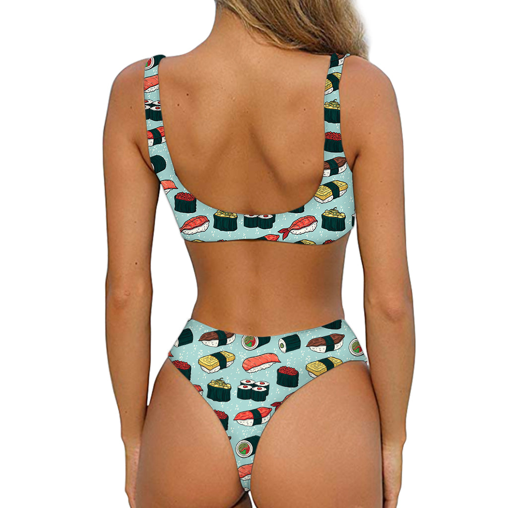 Colorful Sushi And Rolls Pattern Print Front Bow Tie Bikini