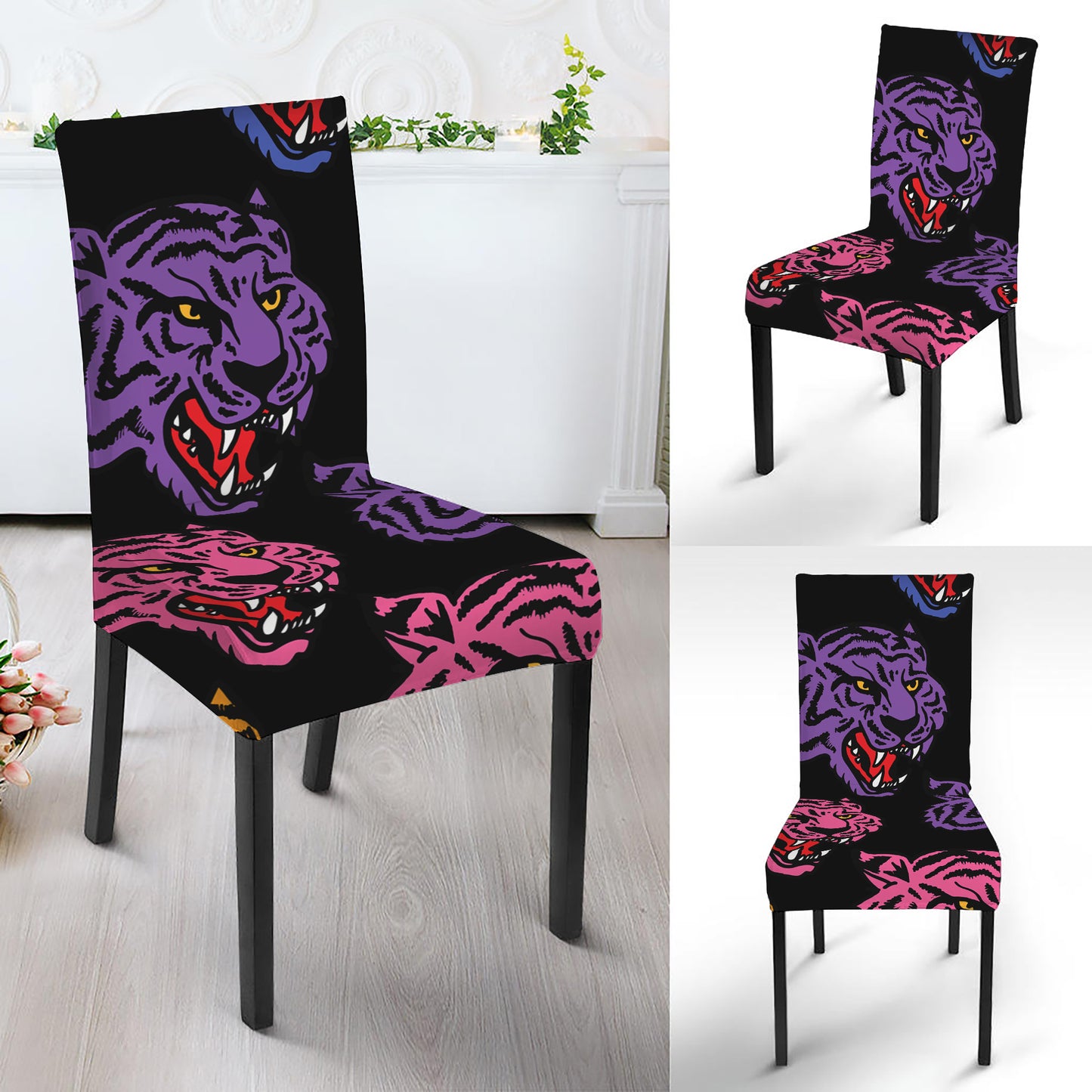 Colorful Tiger Head Pattern Print Dining Chair Slipcover