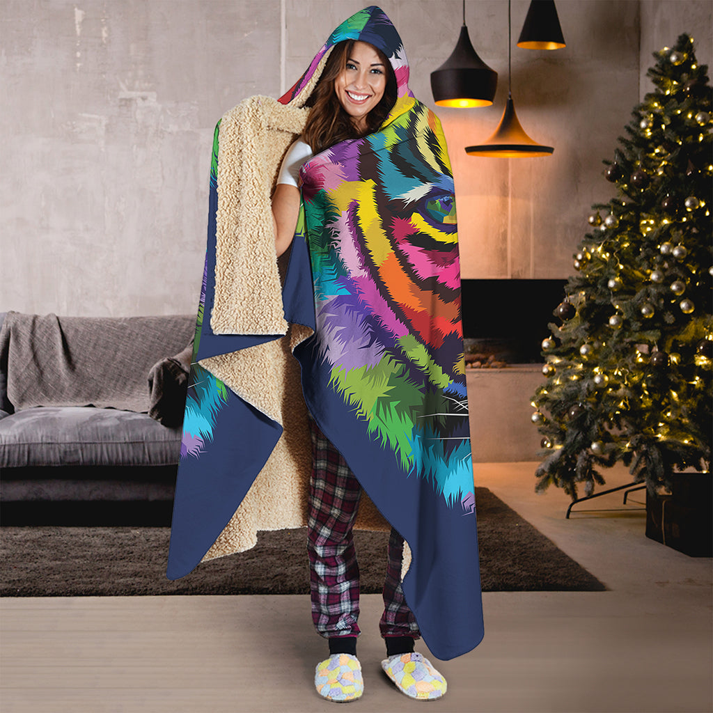 Colorful Tiger Portrait Print Hooded Blanket