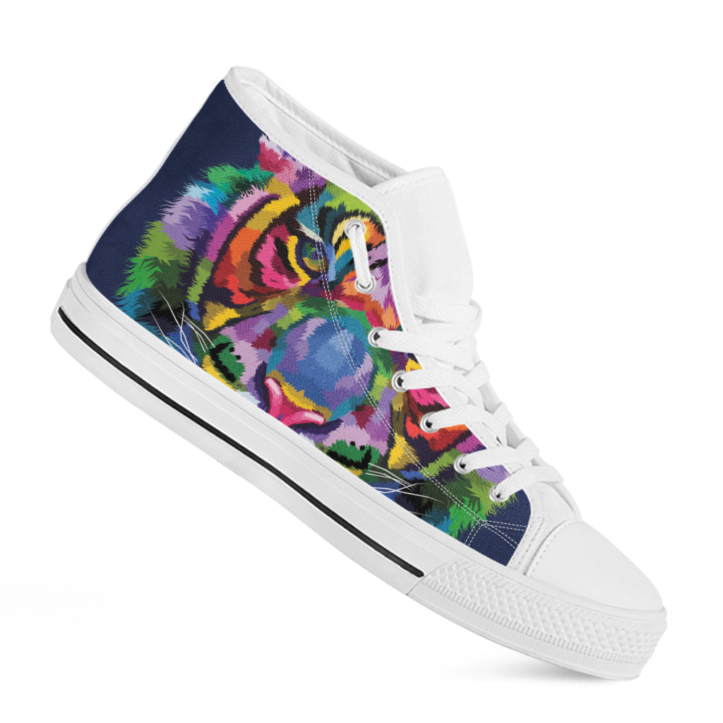 Colorful Tiger Portrait Print White High Top Shoes