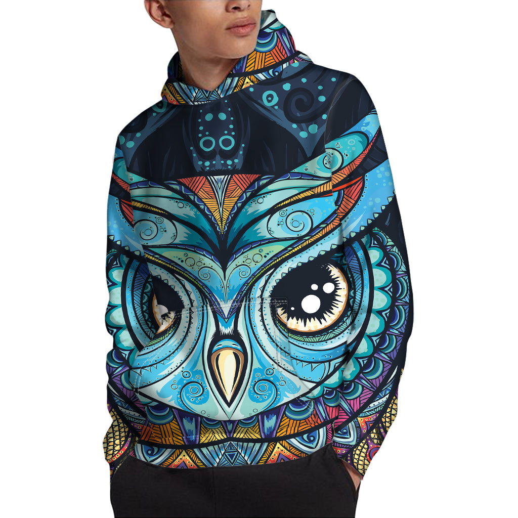 Colorful Tribal Owl Print Pullover Hoodie