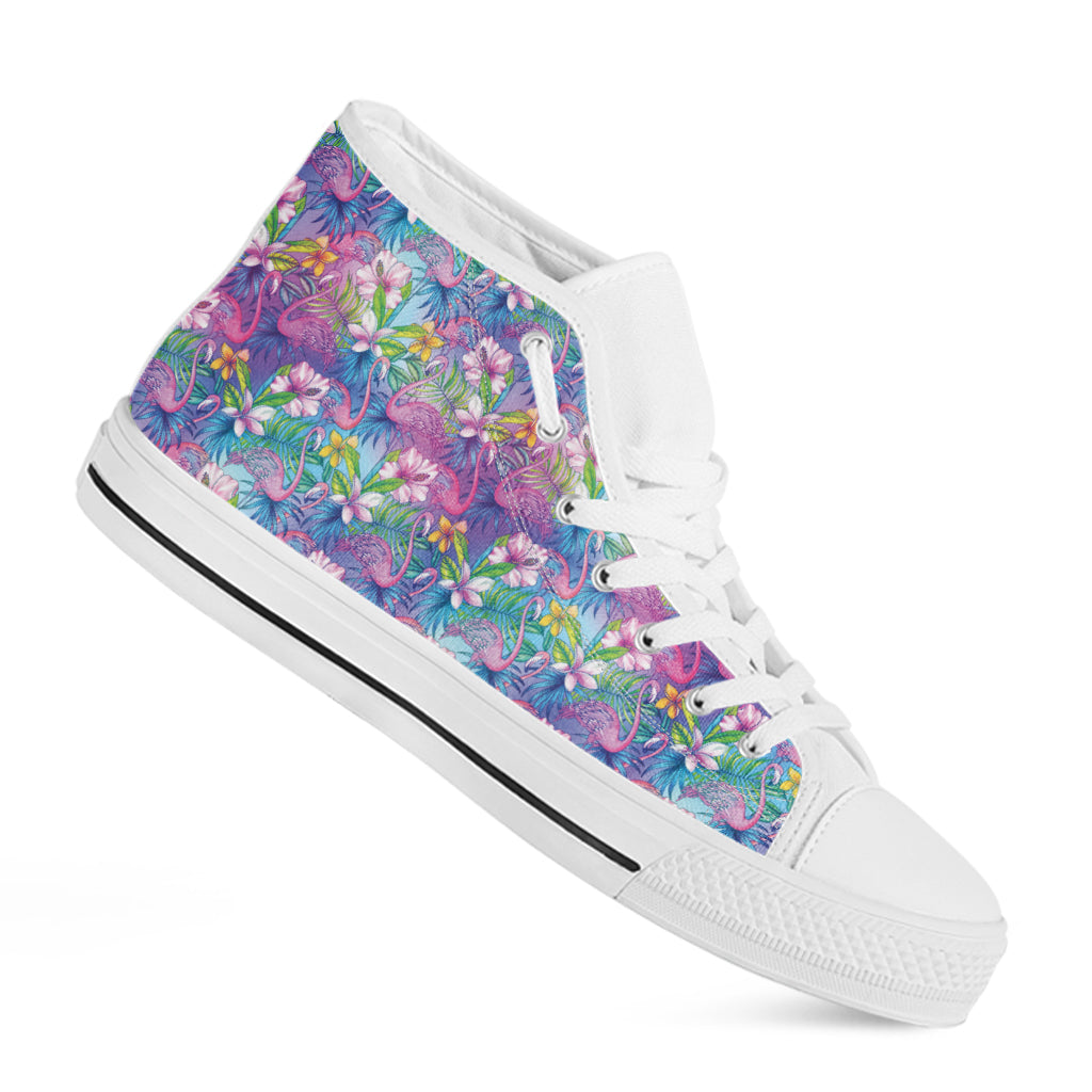 Colorful Tropical Flamingo Print White High Top Shoes