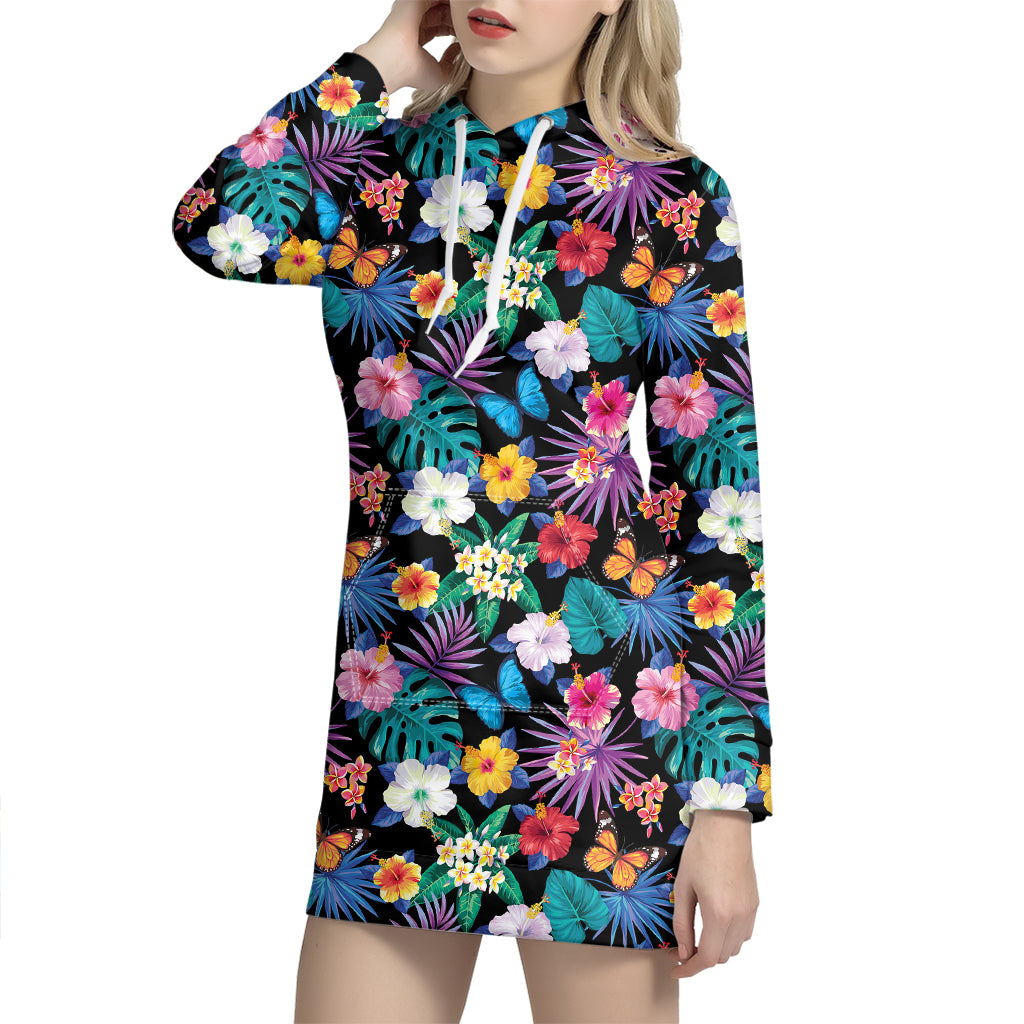 Colorful Tropical Jungle Hawaiian Print Hoodie Dress