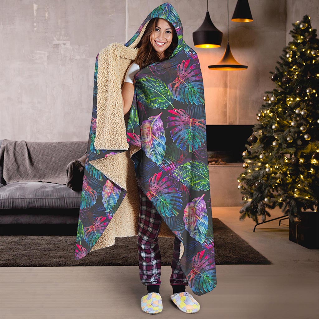 Colorful Tropical Leaves Pattern Print Hooded Blanket