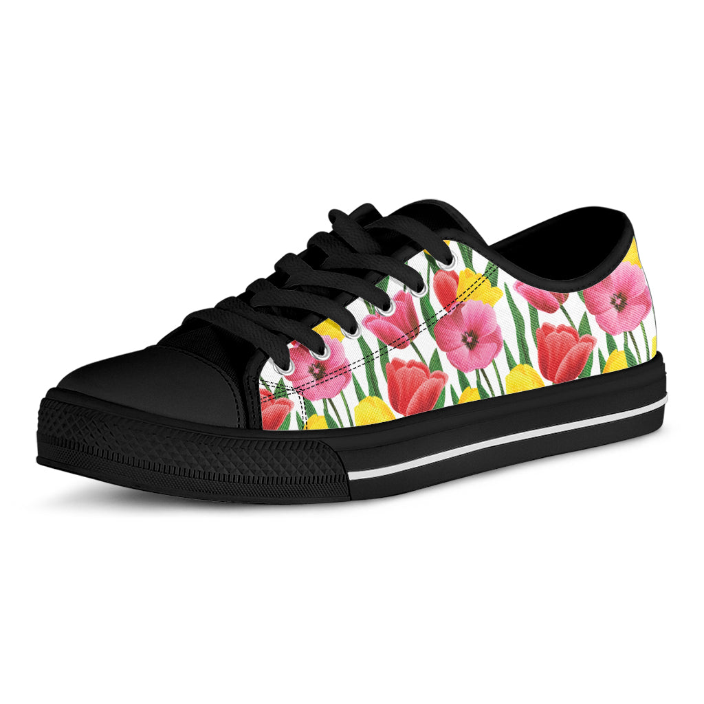 Colorful Tulip Pattern Print Black Low Top Shoes