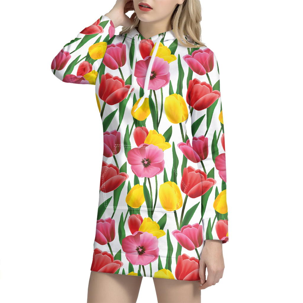 Colorful Tulip Pattern Print Hoodie Dress