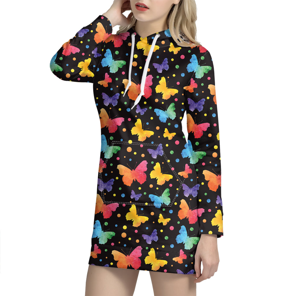 Colorful Watercolor Butterfly Print Hoodie Dress