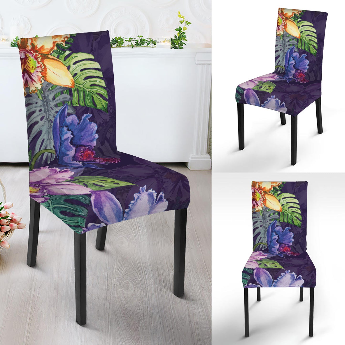 Colorful Watercolor Cattleya Print Dining Chair Slipcover