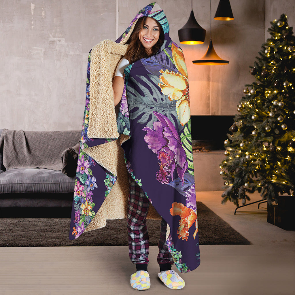 Colorful Watercolor Cattleya Print Hooded Blanket
