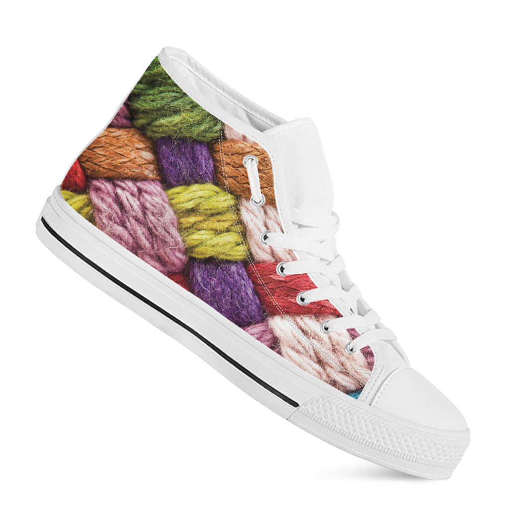Colorful Wool Yarns Print White High Top Shoes