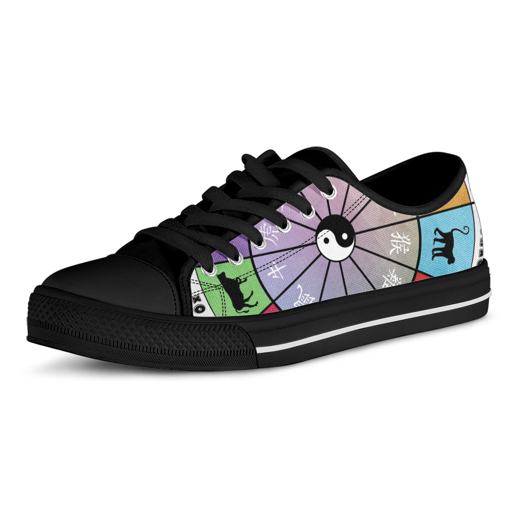 Colourful Chinese Zodiac Wheel Print Black Low Top Shoes