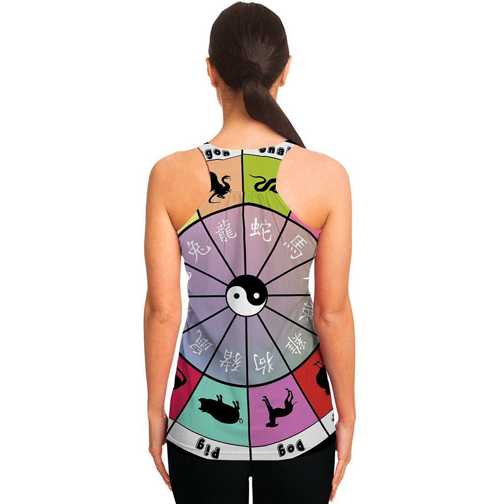 Colourful Chinese Zodiac Wheel Print Women's Racerback Tank Top