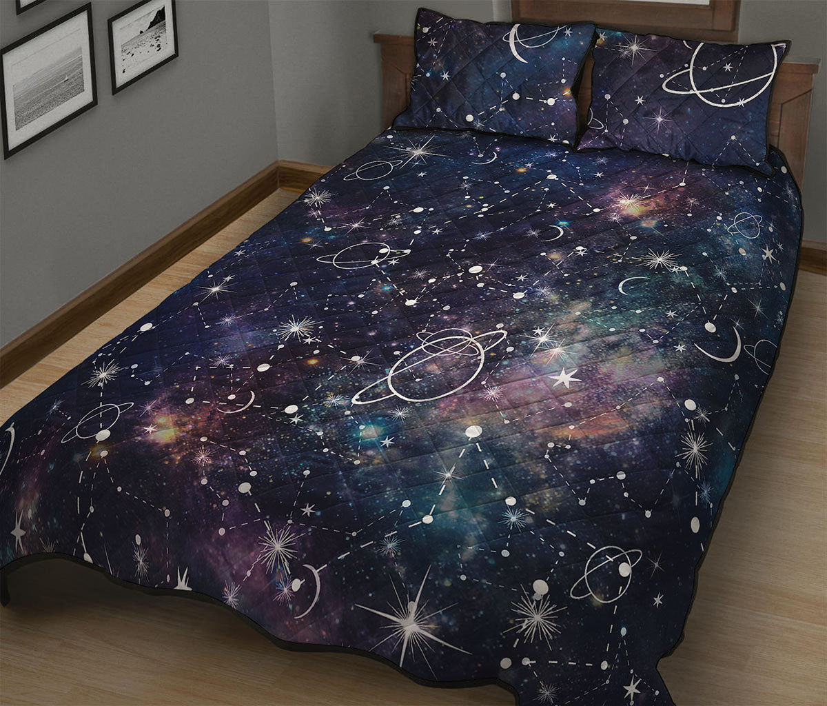 Constellation Galaxy Space Print Quilt Bed Set