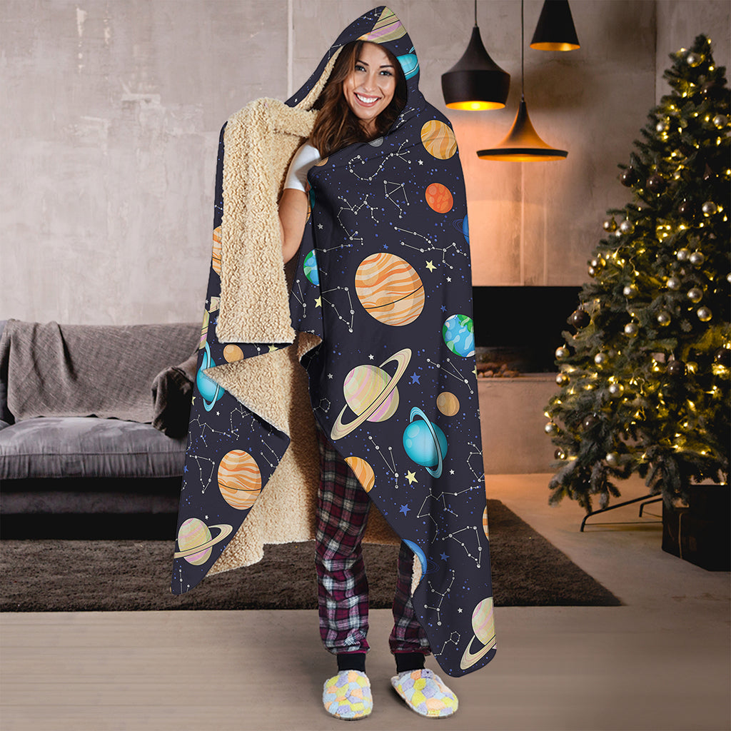 Constellations And Planets Pattern Print Hooded Blanket