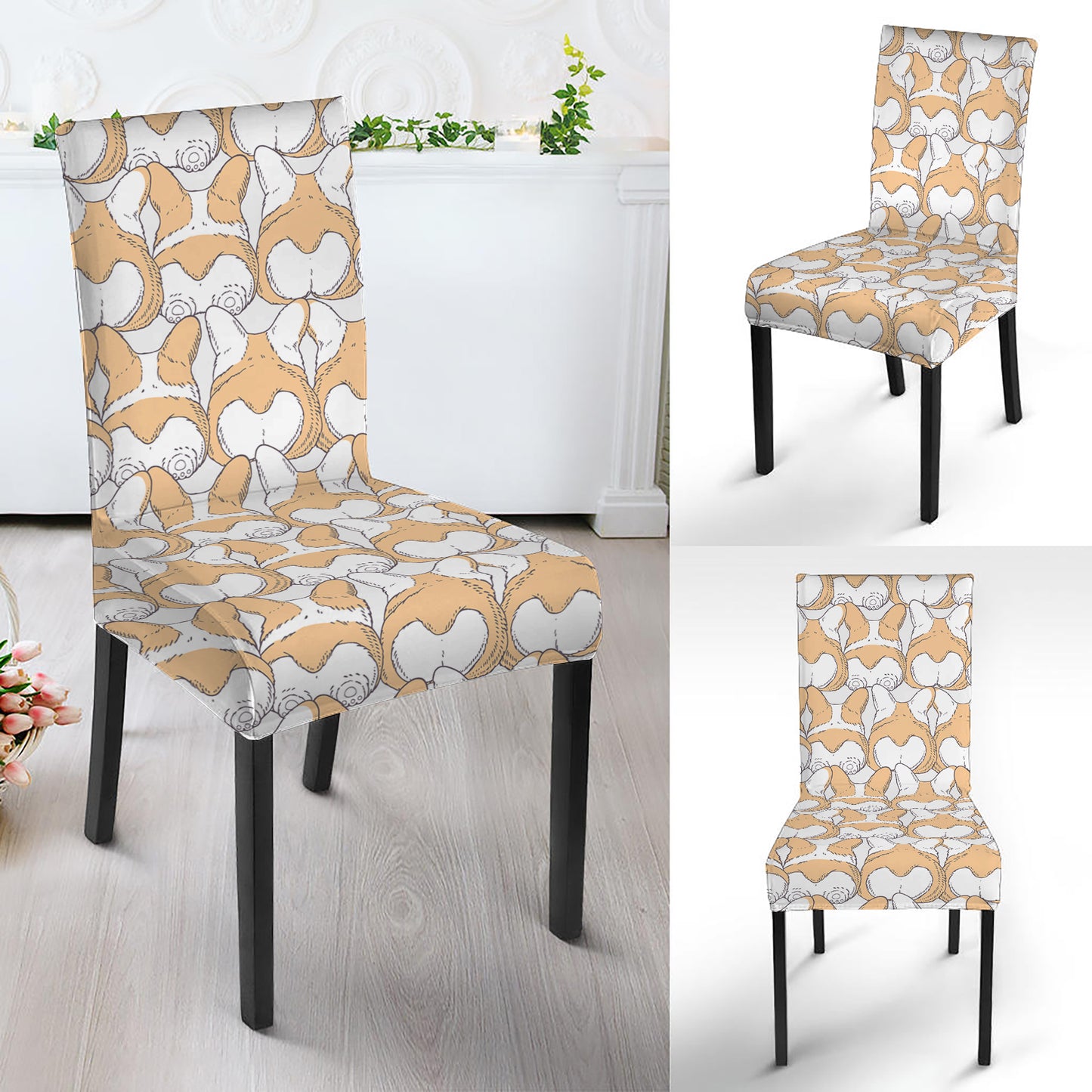 Corgi Butt Pattern Print Dining Chair Slipcover