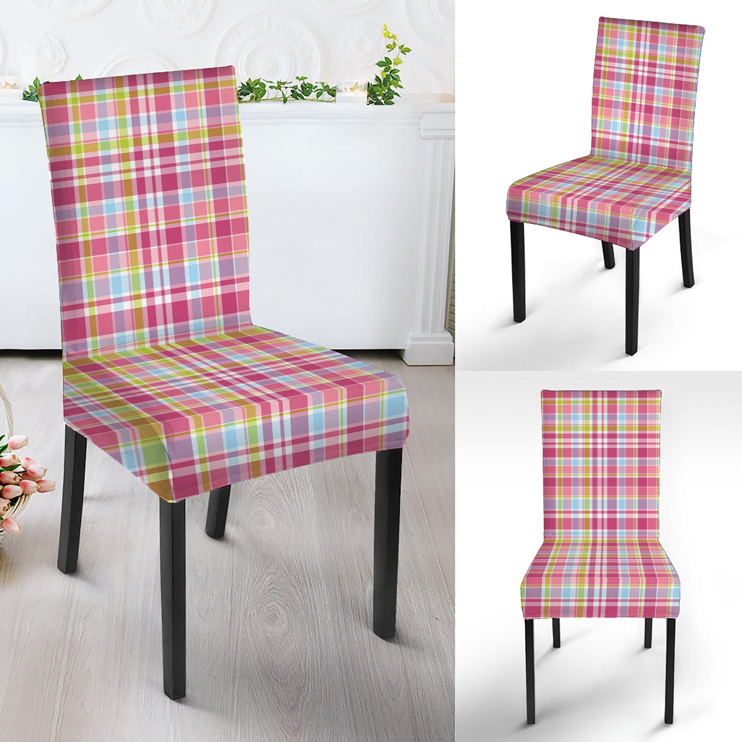 Cotton Candy Pastel Plaid Pattern Print Dining Chair Slipcover