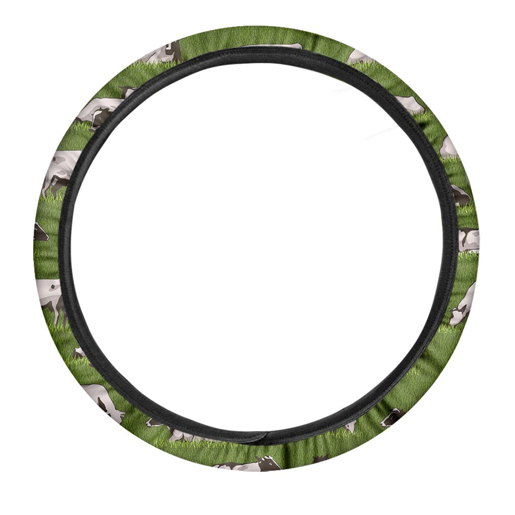 Cow On Green Grass Pattern Print Car Steering Wheel Cover