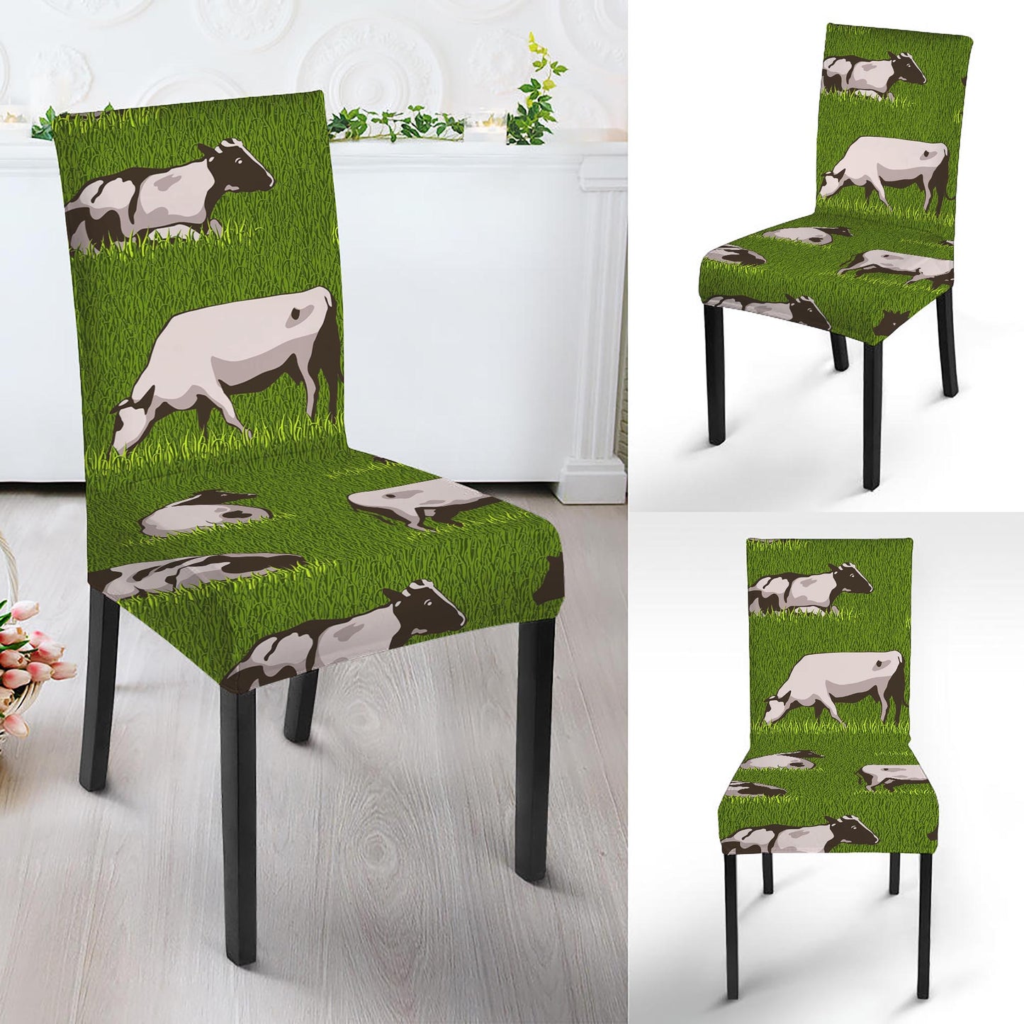 Cow On Green Grass Pattern Print Dining Chair Slipcover