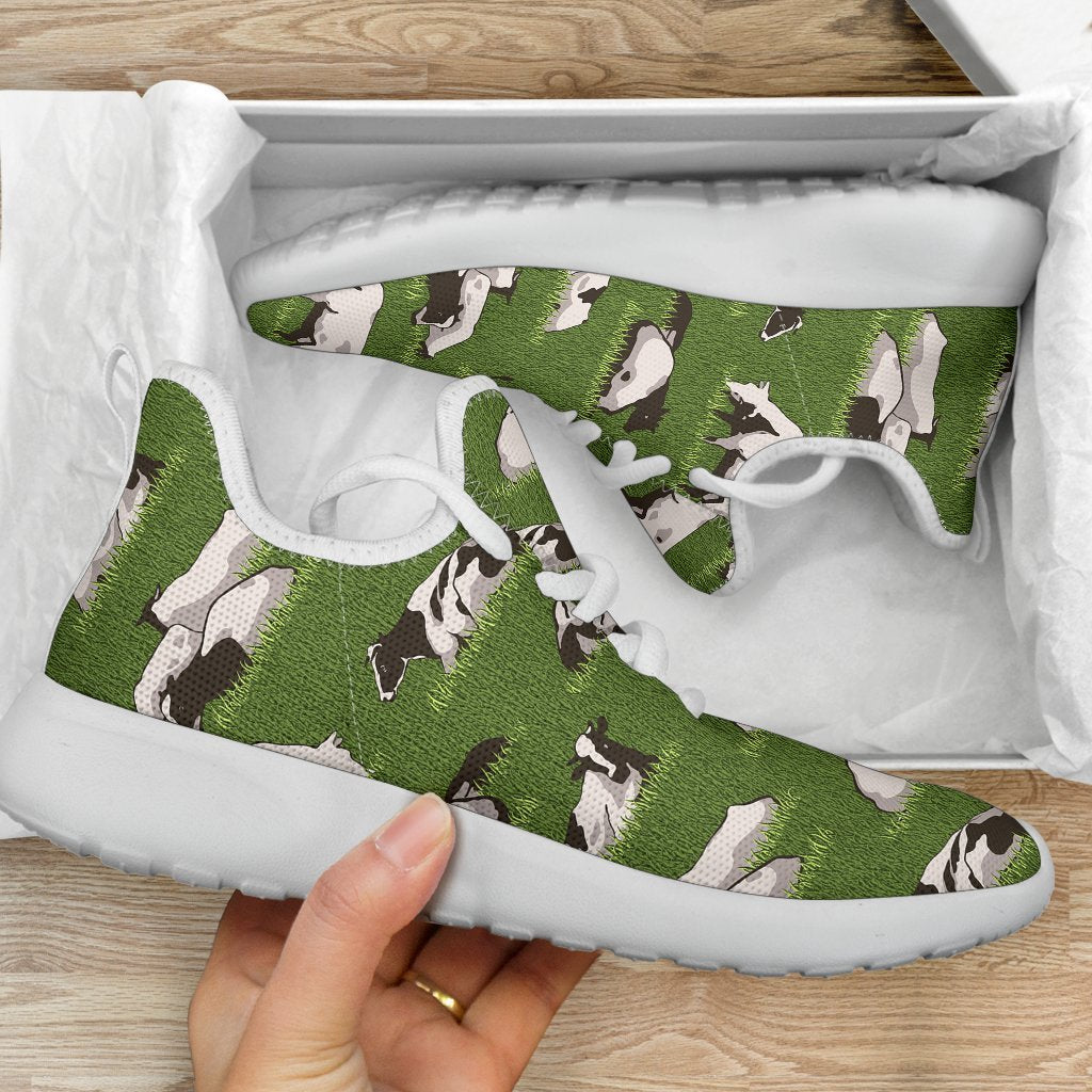 Cow On Green Grass Pattern Print Mesh Knit Shoes GearFrost