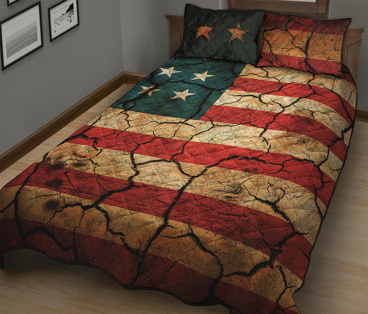 Cracked American Flag Print Quilt Bed Set